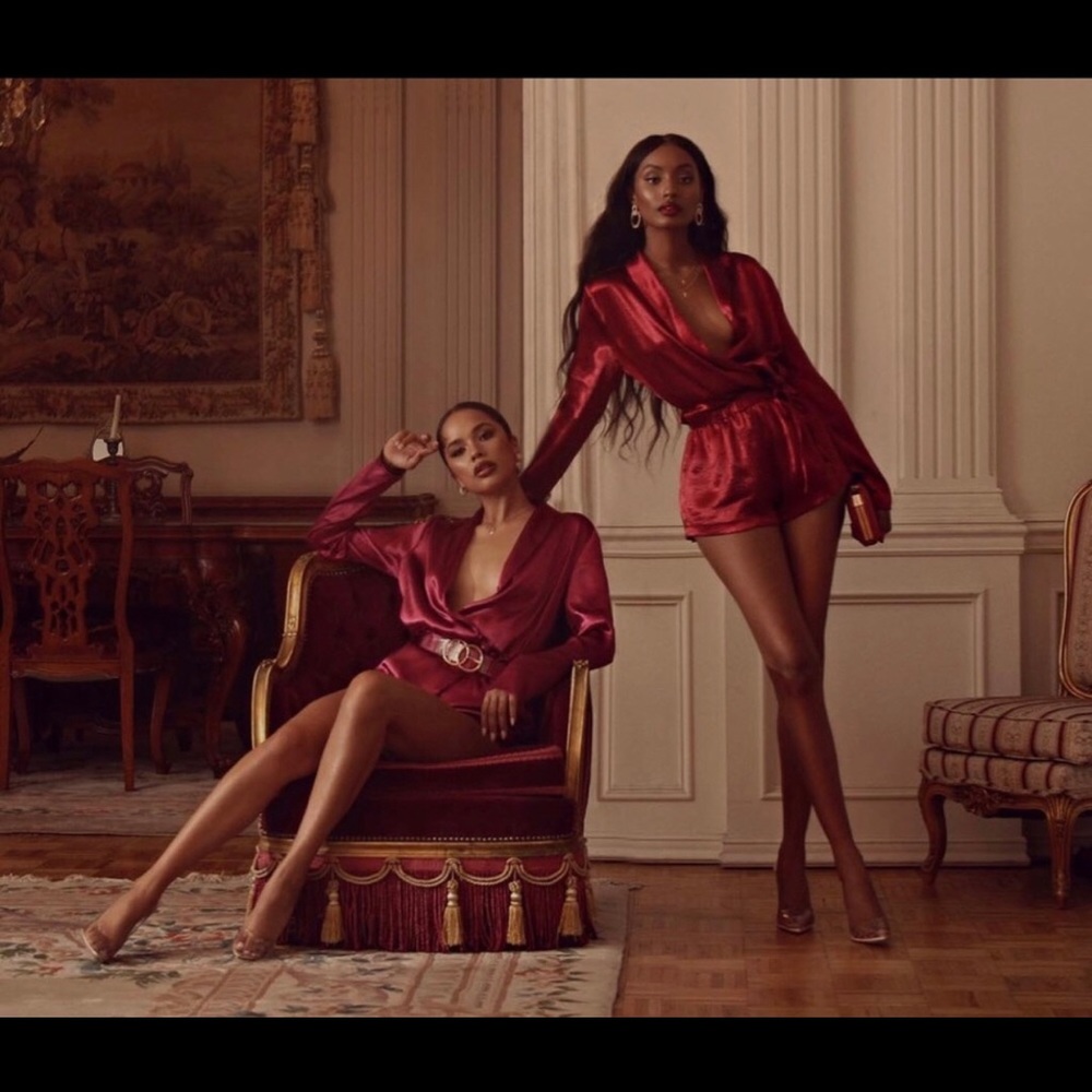 JLUXLABEL Deep Red Satin Long Sleeve Romper